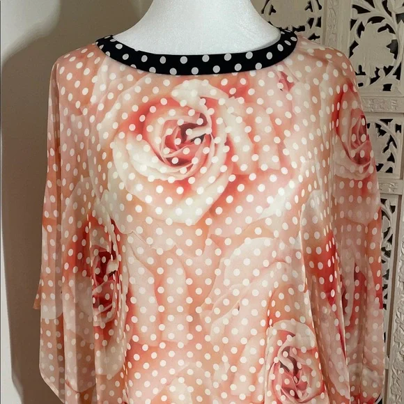 Roberto Cavalli silk Peach Polka Dot ,and rose print Sheer Tunic with Black Trim - Picture 3 of 10